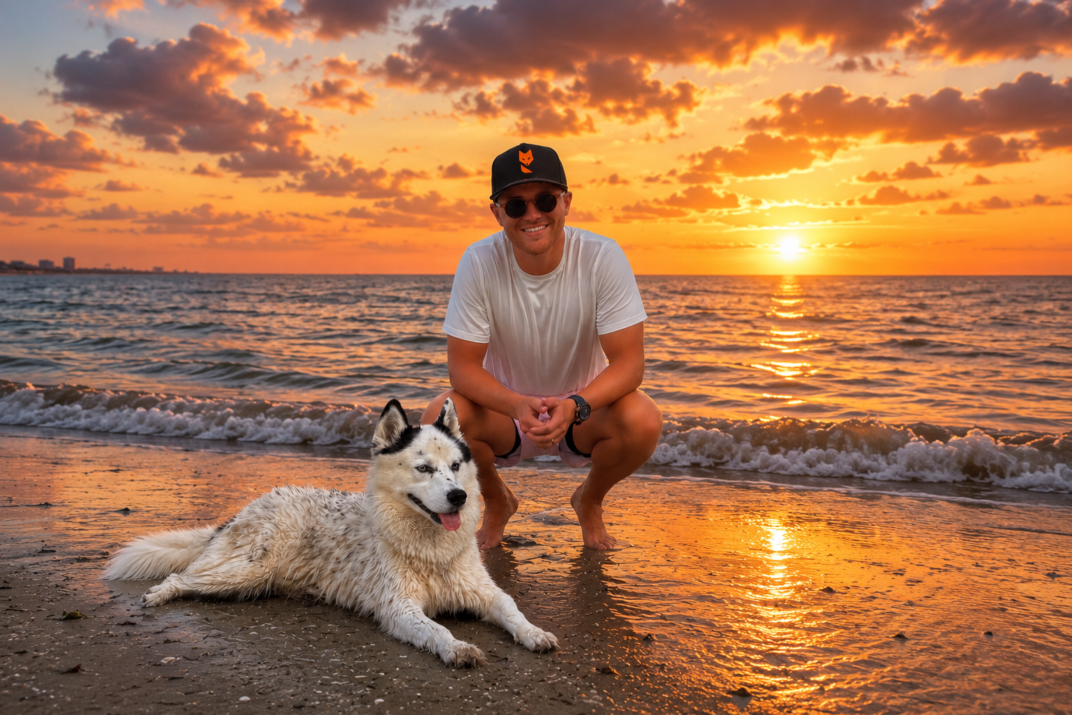 Levi and his husky at sunset