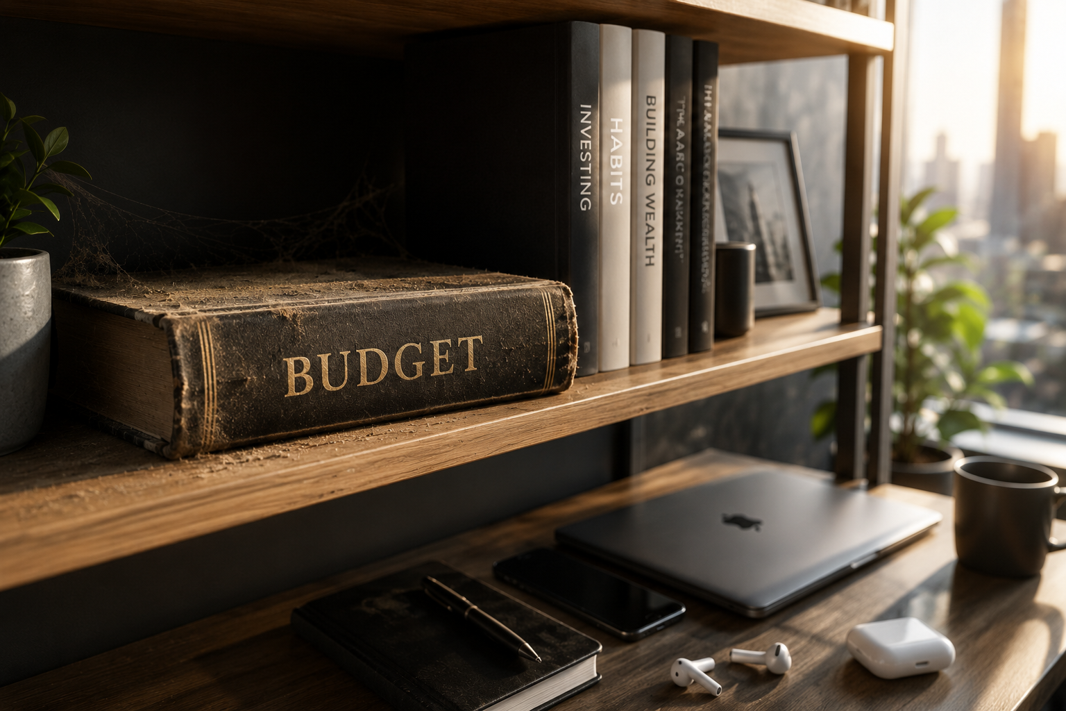 A dusty old budget book on a shelf next to modern devices